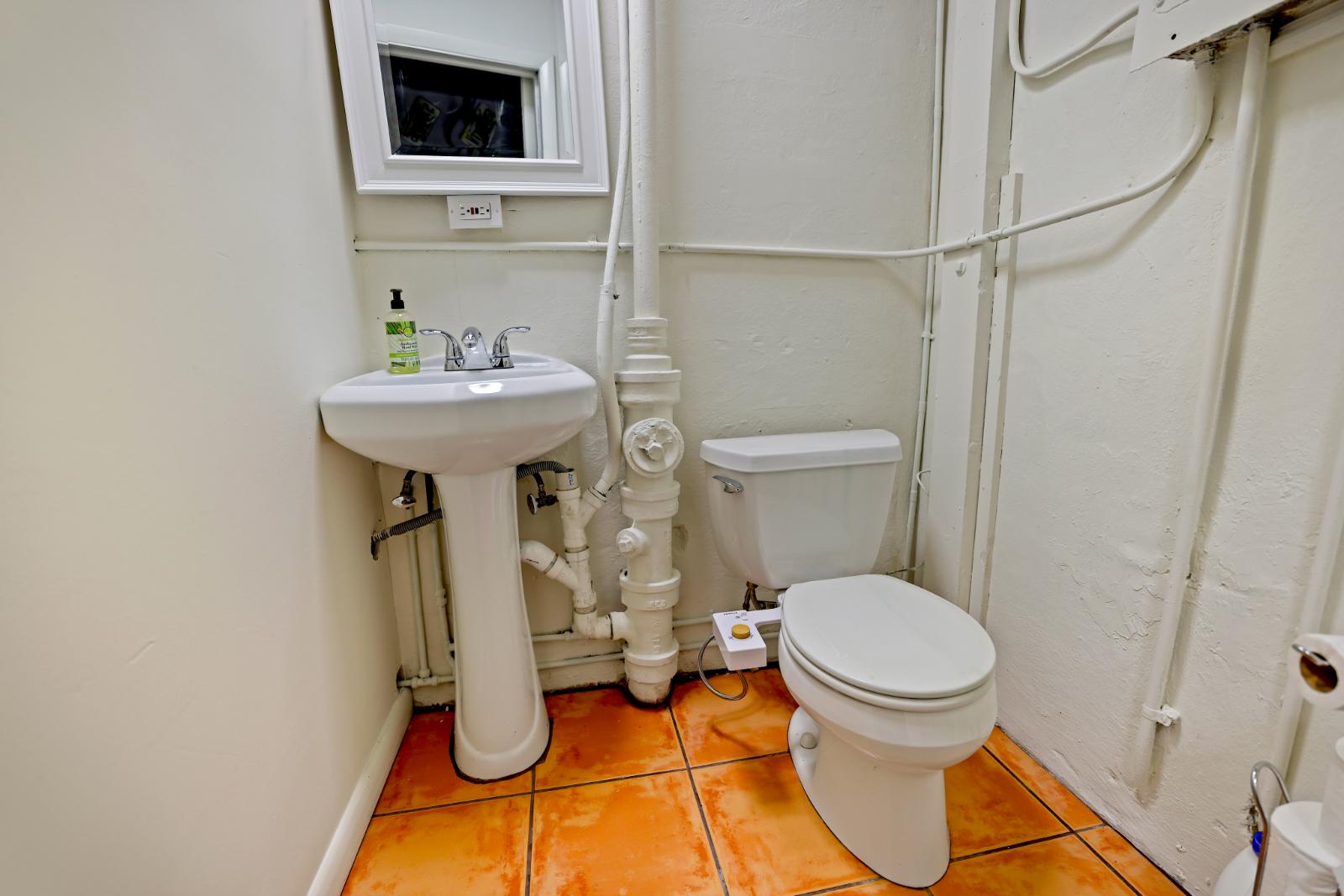 Powder room with pedestal sink and vintage character